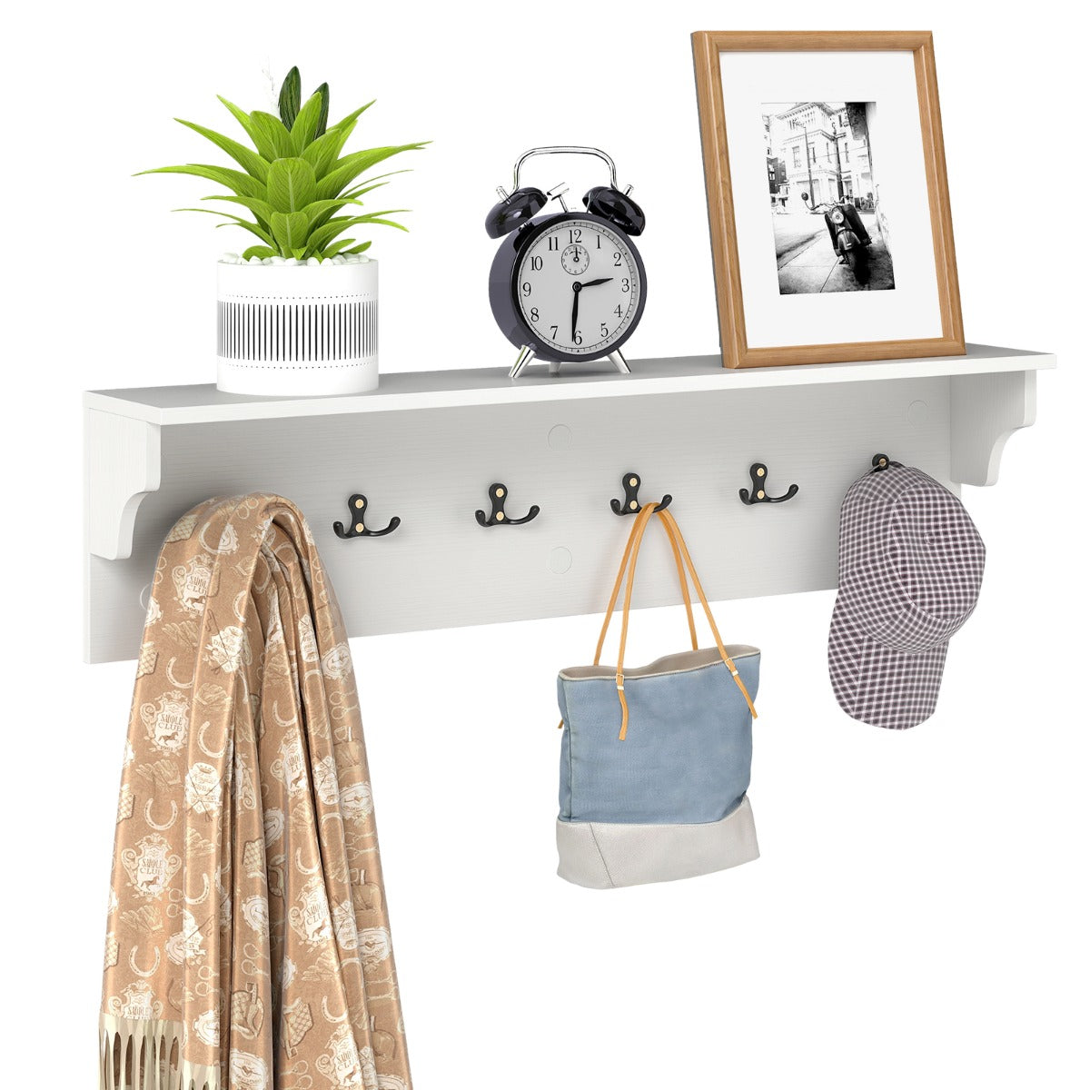 Livsk costway wandkapstok met opbergvak houten wandrail met zes haken wit 2