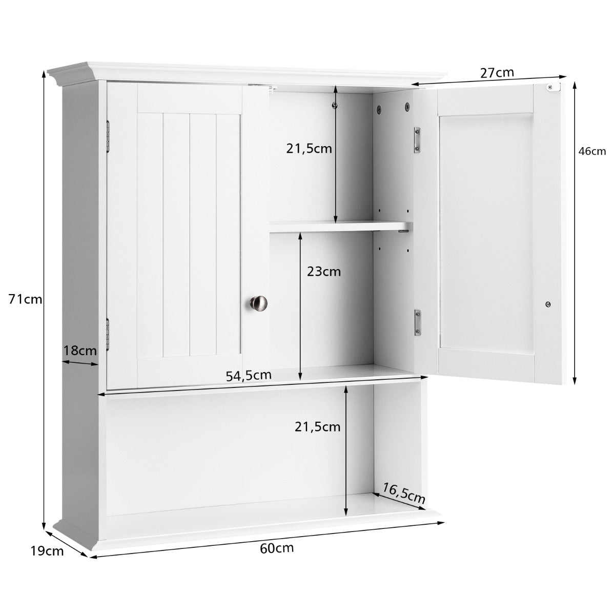 LIVSK Wandkast Badkamer - Houten - Wandmontage - Verstelbare Planken - 2 Deuren - 60 x 20 x 70,5 cm - Wit