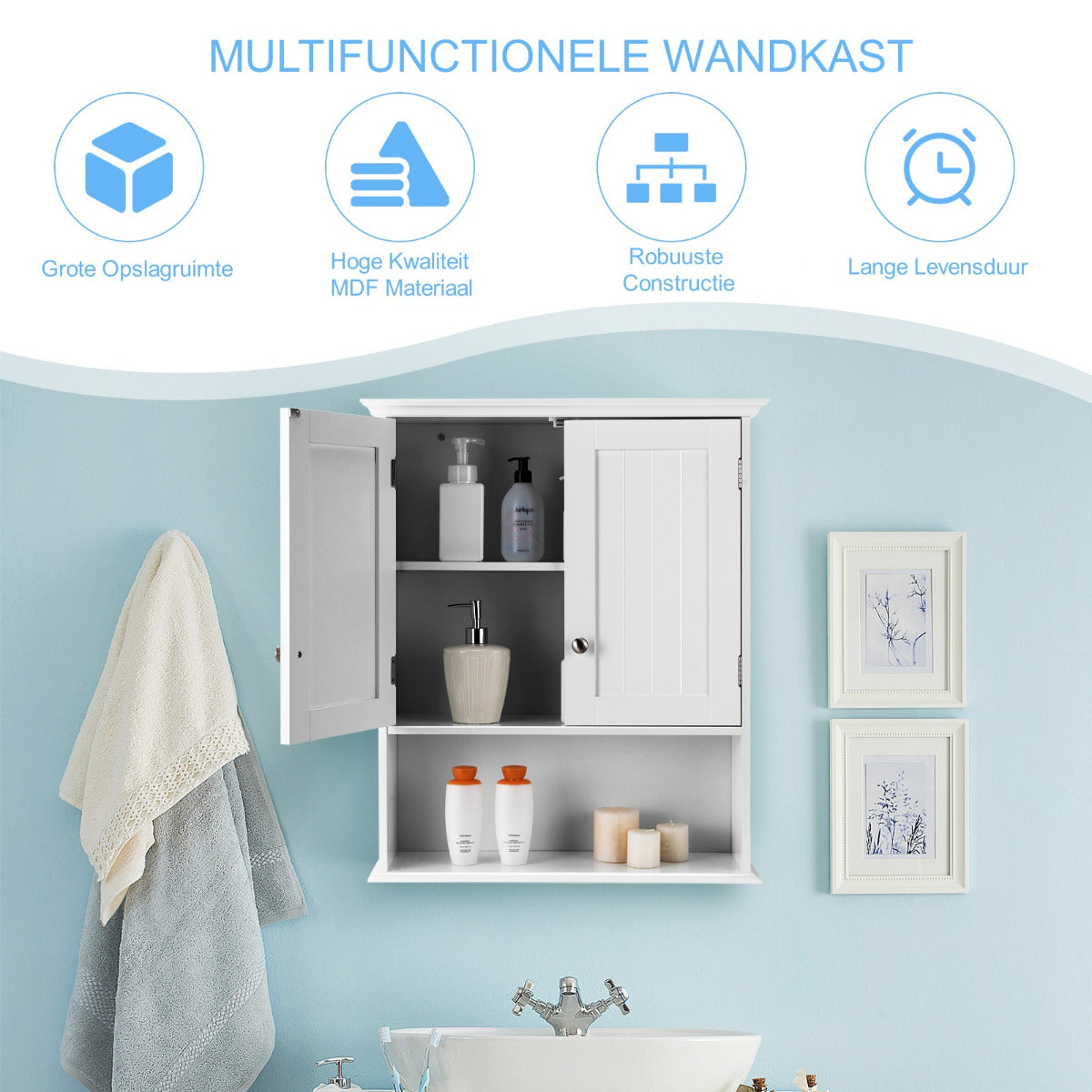 LIVSK Wandkast Badkamer - Houten - Wandmontage - Verstelbare Planken - 2 Deuren - 60 x 20 x 70,5 cm - Wit