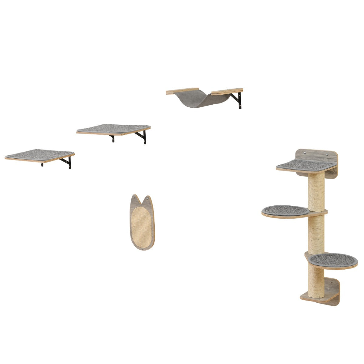 LIVSK Ruimtebesparende Wandkattenboom - 4 Niveaus - 2 Platforms - Krabplank & Hangmat - Stabiel & Veilig - Natuurlijk