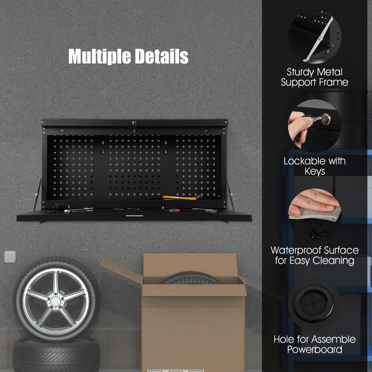 LIVSK Hangende Opklapbare Werktafel - Geperforeerd Paneel - Ruimte voor Gereedschap - Inklapbaar tot 50 kg - Zwart