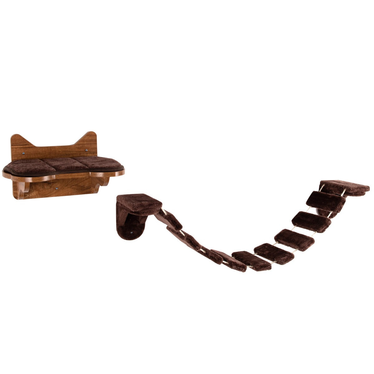 LIVSK Wandkatten Klimrek met Klimladder - Duurzaam & Veilig - Zacht Pluche - Ruimtebesparend - Tot 10 kg - Bruin