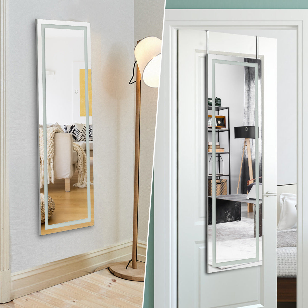 LIVSK LED-deurspiegel over de volle lengte - 3 Kleurenverlichting - MDF-frame - Veiligheidsglas - 120 x 37 x 2 cm - Wit