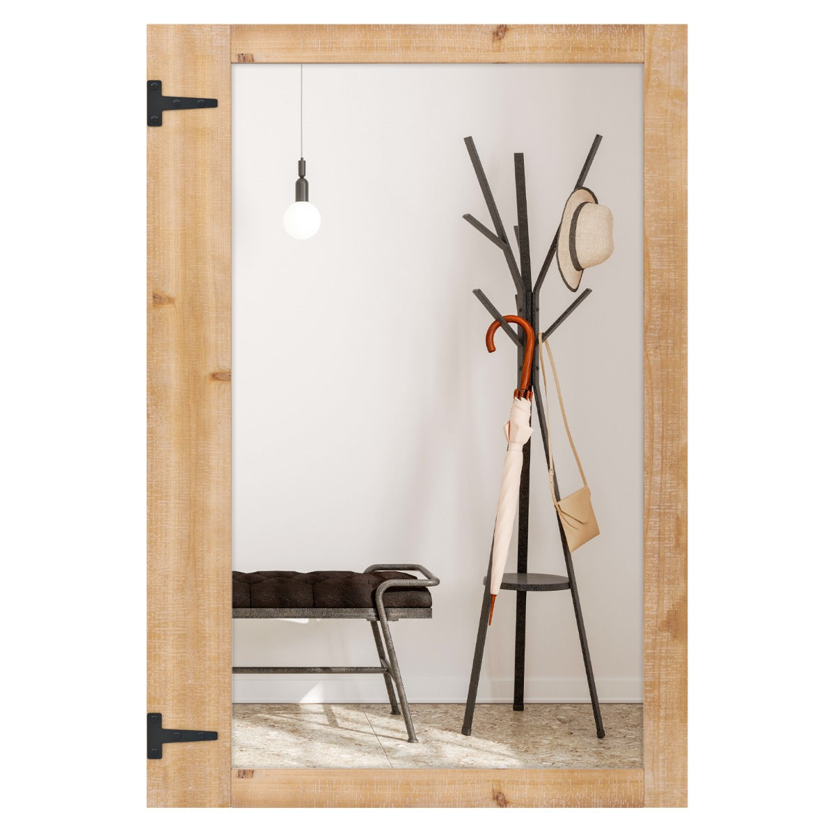 LIVSK Wandspiegel 97 x 67 cm - Natuurlijk Dennenhouten Frame - HD Reflectie - Flexibele Montage - Inclusief Haken - Natuurlijk