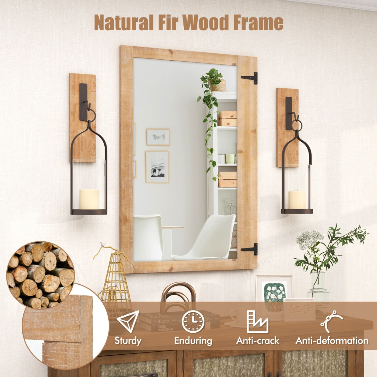 LIVSK Wandspiegel 97 x 67 cm - Natuurlijk Dennenhouten Frame - HD Reflectie - Flexibele Montage - Inclusief Haken - Natuurlijk