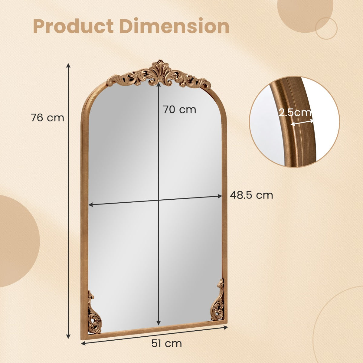 Livsk costway wandspiegel gouden traditionele vintage barokspiegel met metalen frame antieke boogspiegel 76 cm x 51 cm 1 1