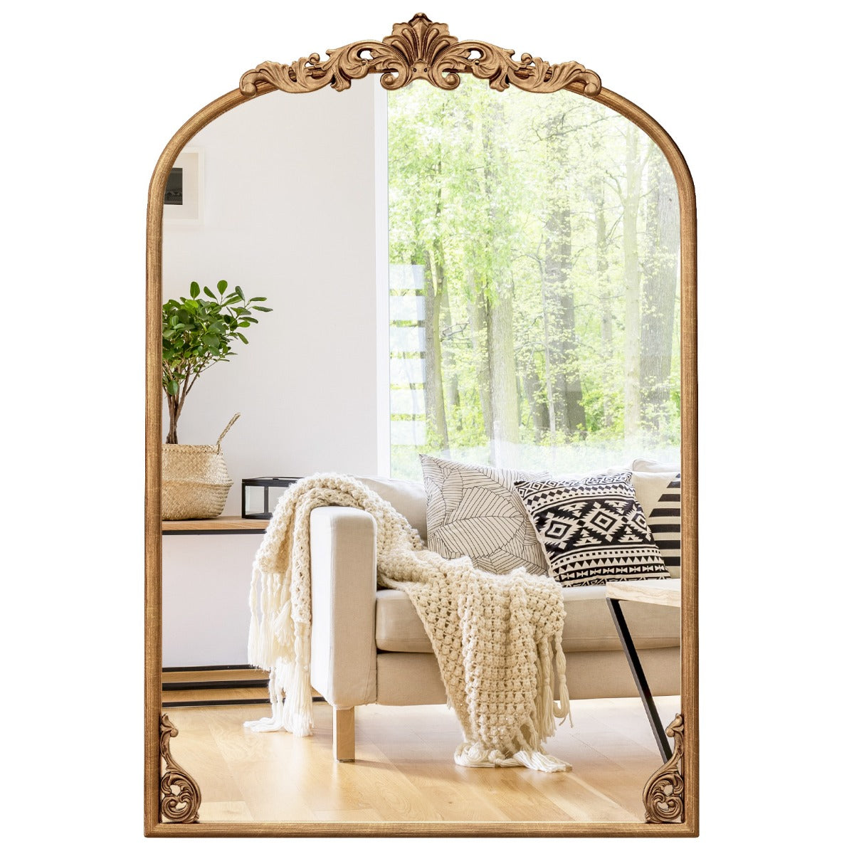 Livsk costway wandspiegel gouden traditionele vintage barokspiegel met metalen frame antieke boogspiegel 90 cm x 61 cm