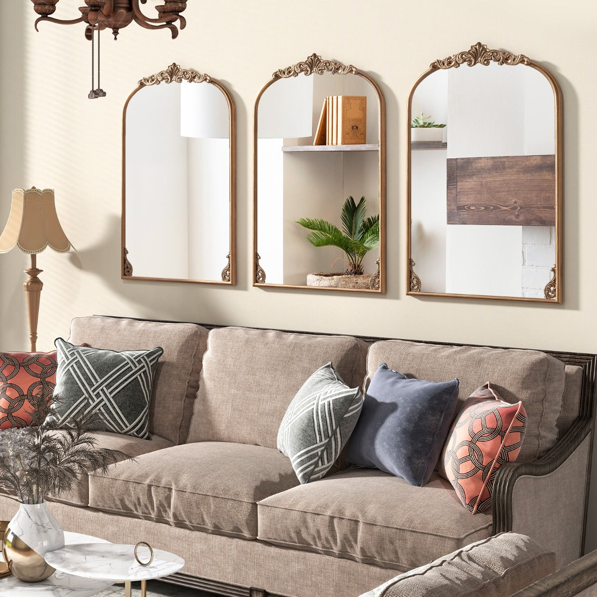 Livsk costway wandspiegel gouden traditionele vintage barokspiegel met metalen frame antieke boogspiegel 90 cm x 61 cm 6