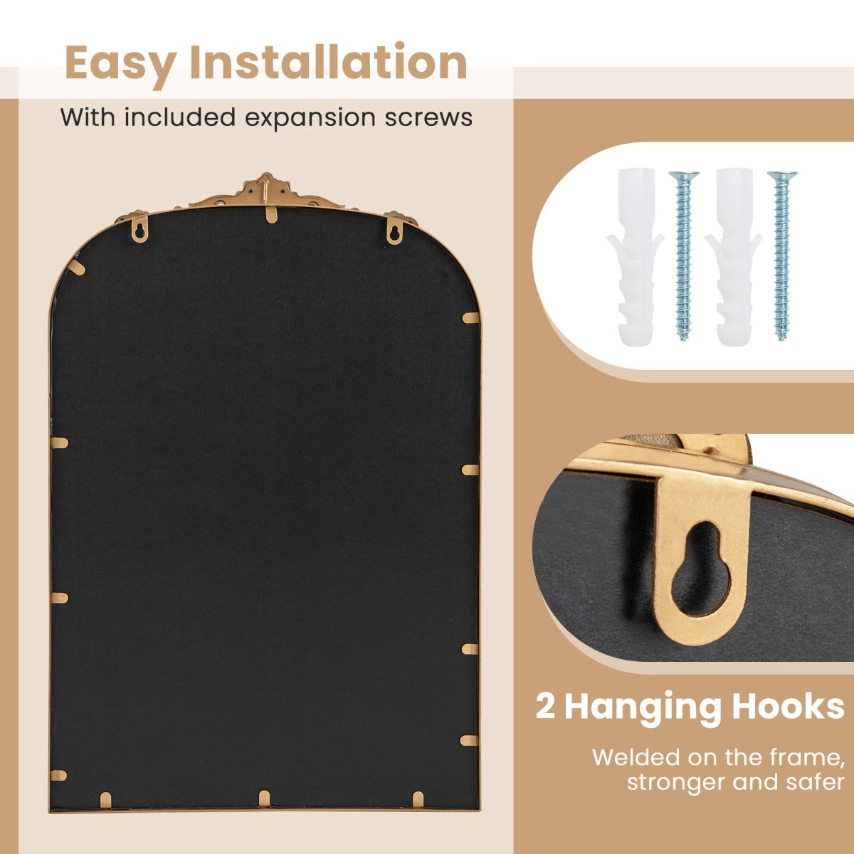 Livsk costway wandspiegel gouden traditionele vintage barokspiegel met metalen frame antieke boogspiegel 95 cm x 66 cm 2
