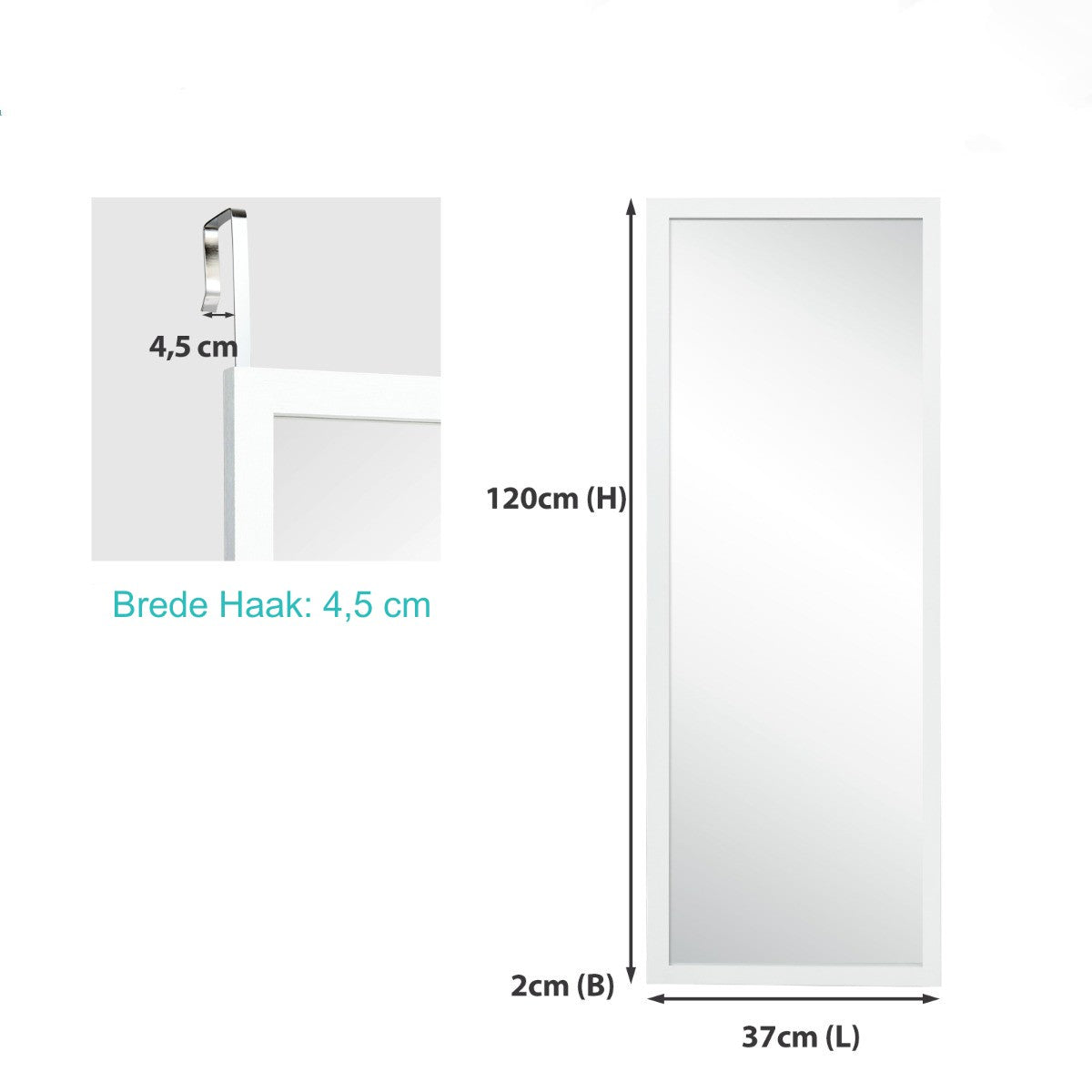 LIVSK Hangende Ingelijste Passpiegel - Explosieveilig Glas - Stevig MDF Frame - 120 x 37 cm - Wit