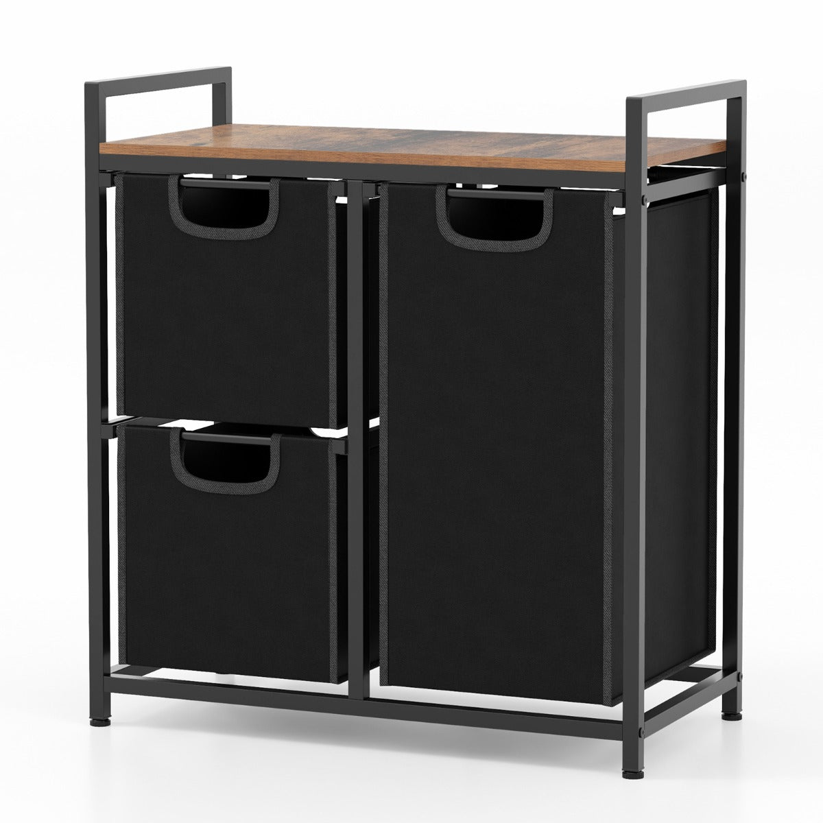 LIVSK Wasmand met 3 Uittrekbare Zakken - Robuust Metalen Frame - Handige Plank - Voor Efficiënte Wasorganisatie - Zwart + Rustiek