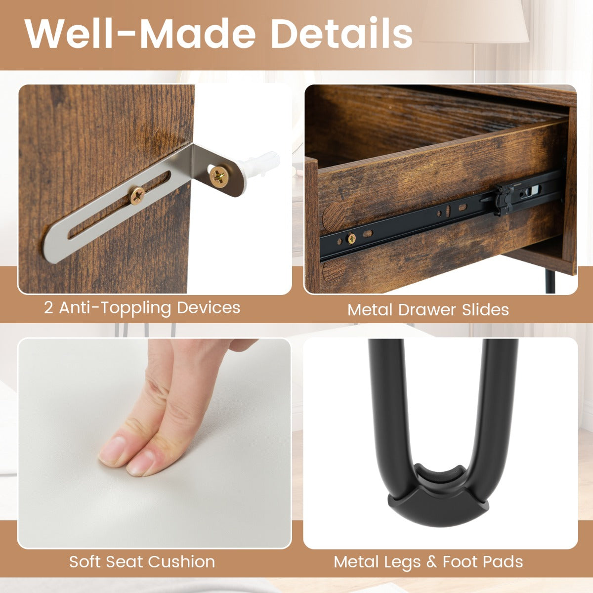 Livsk costway wastafelmeubel met draaibare spiegel en verlichting wastafelmeubel met beklede kruk 4