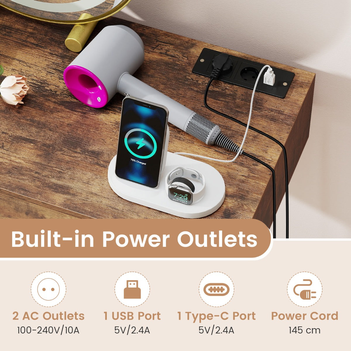 Livsk costway wastafelmeubel met draaibare spiegel en verlichting wastafelmeubel met beklede kruk 5