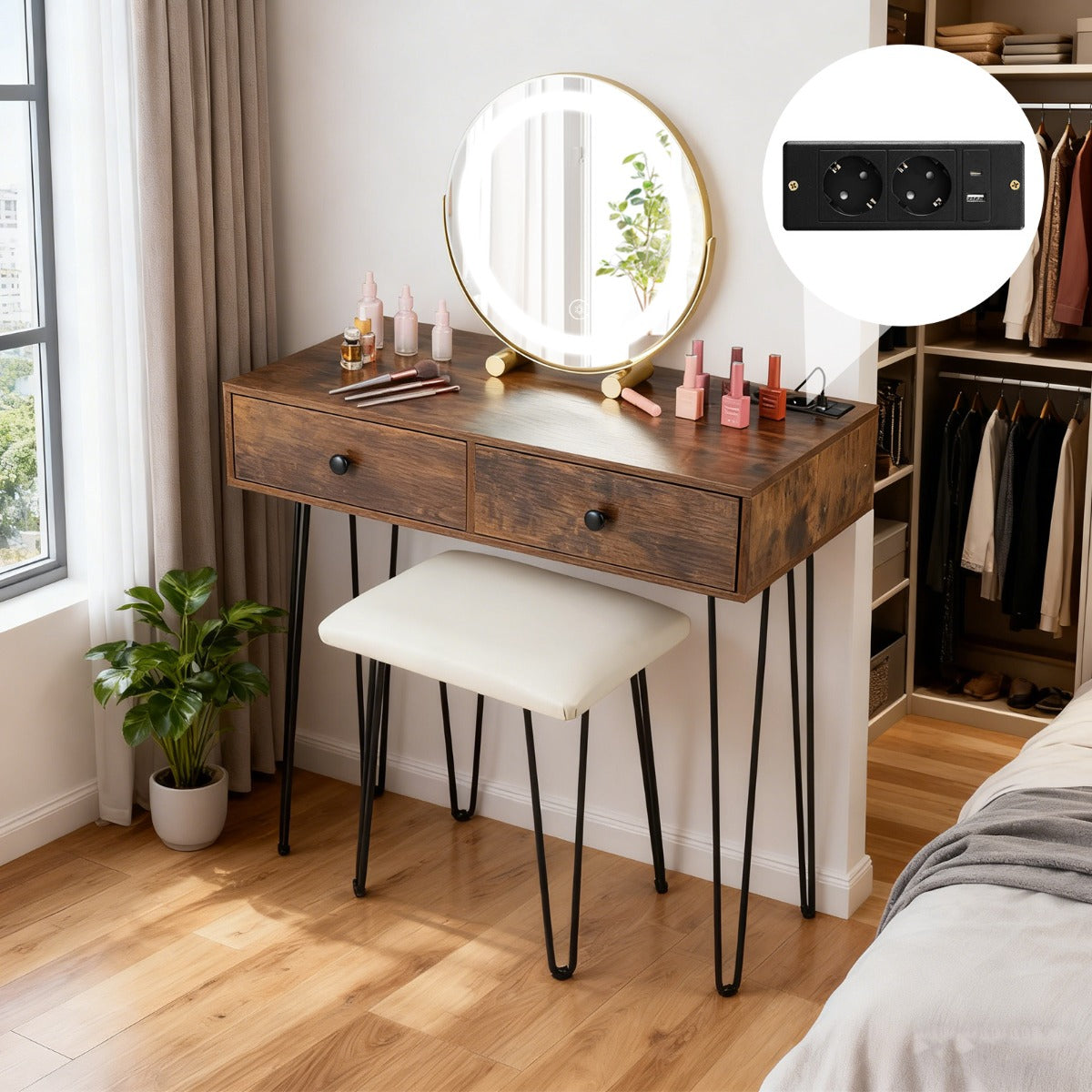 Livsk costway wastafelmeubel met draaibare spiegel en verlichting wastafelmeubel met beklede kruk 6