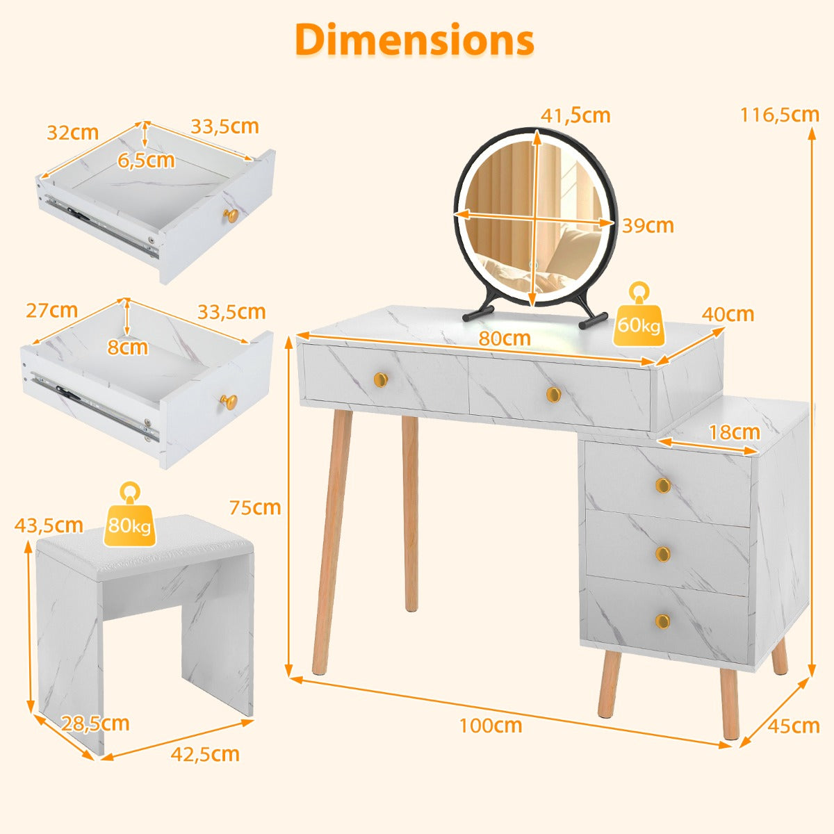 Livsk costway wastafelmeubel met spiegel en verlichting modern wastafelmeubel met gestoffeerde kruk 1 1