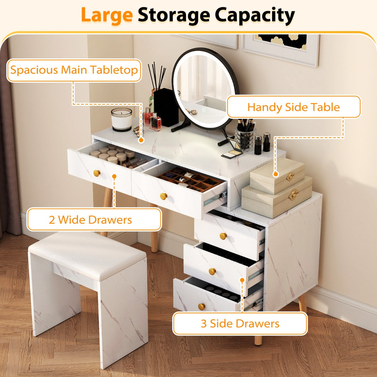 Livsk costway wastafelmeubel met spiegel en verlichting modern wastafelmeubel met gestoffeerde kruk 2