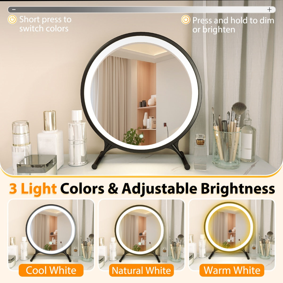 Livsk costway wastafelmeubel met spiegel en verlichting modern wastafelmeubel met gestoffeerde kruk 3