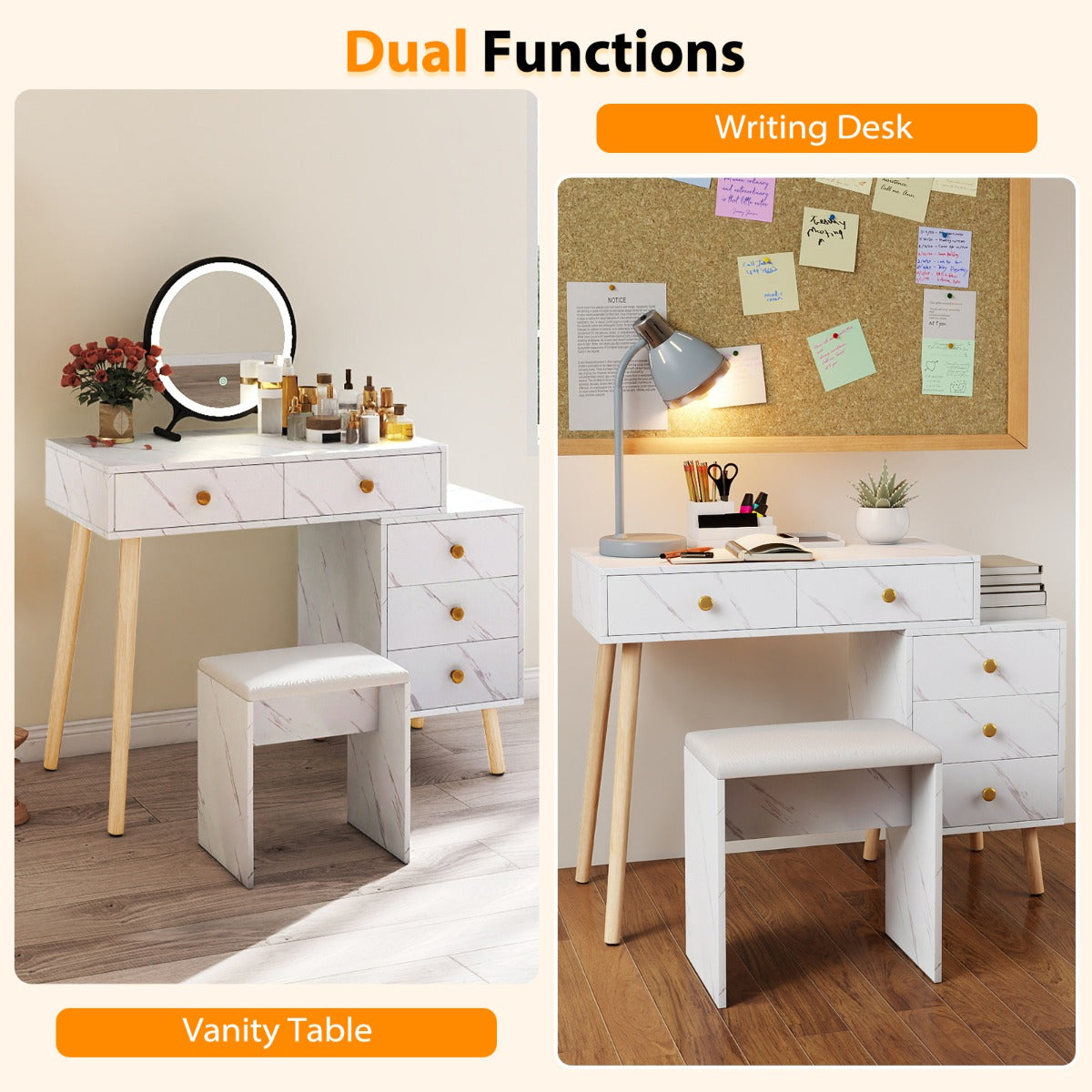 Livsk costway wastafelmeubel met spiegel en verlichting modern wastafelmeubel met gestoffeerde kruk 4