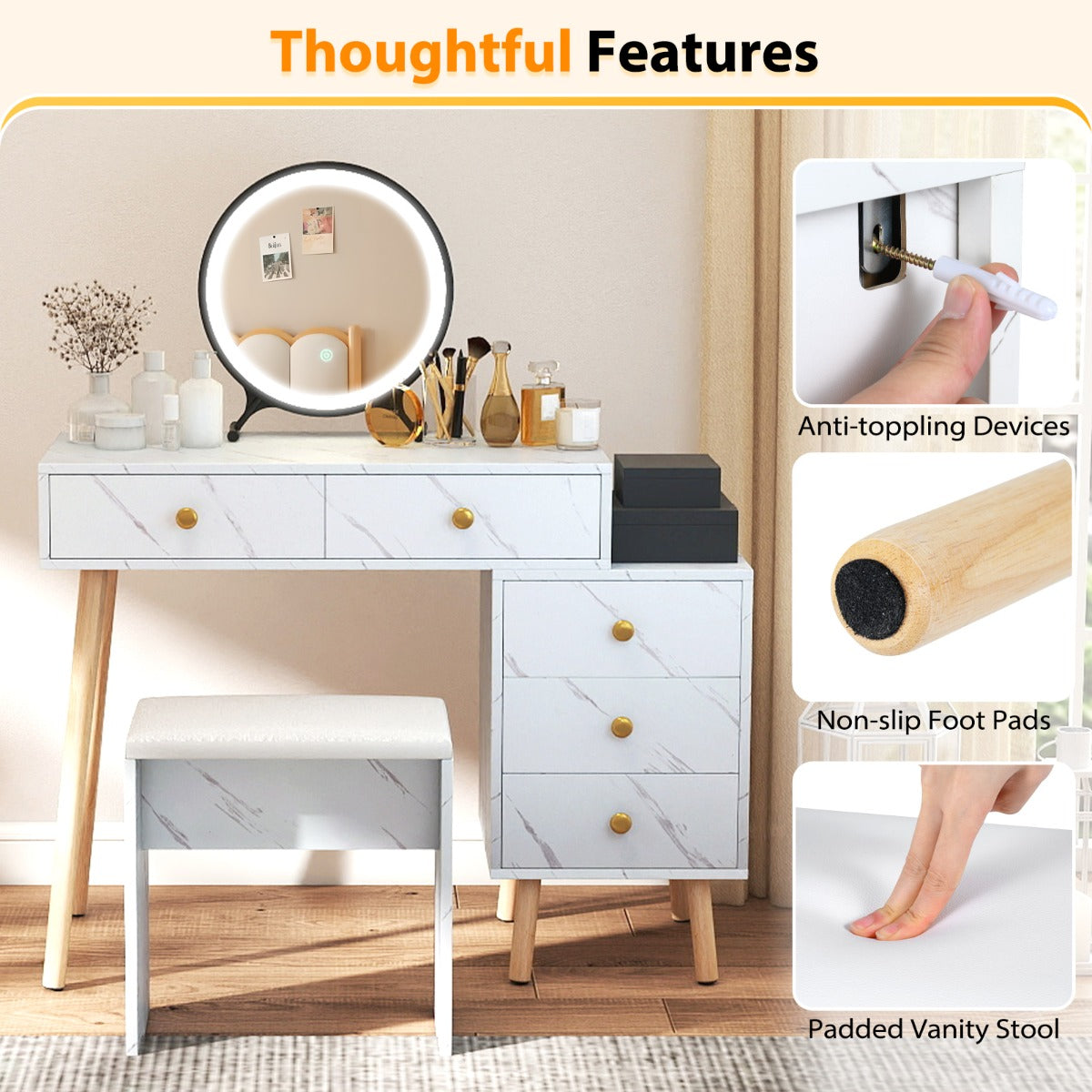 Livsk costway wastafelmeubel met spiegel en verlichting modern wastafelmeubel met gestoffeerde kruk 5