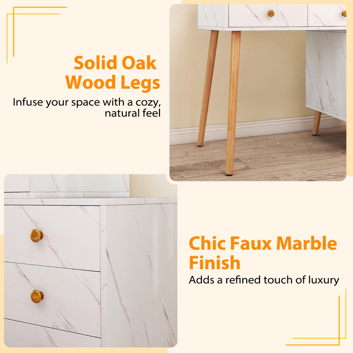 Livsk costway wastafelmeubel met spiegel en verlichting modern wastafelmeubel met gestoffeerde kruk 6