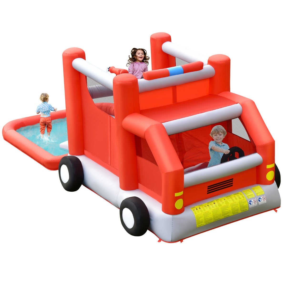 LIVSK Opblaasbare Waterglijbaan Brandweer - Geschikt voor 3 Kinderen - Duurzaam Oxford - Tot 135 kg - 564 x 268 x 212 cm - Blauw