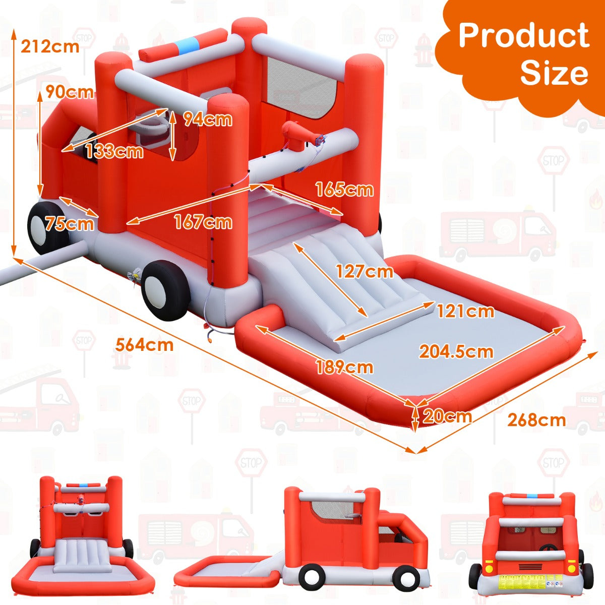 LIVSK Opblaasbare Waterglijbaan Brandweer - Geschikt voor 3 Kinderen - Duurzaam Oxford - Tot 135 kg - 564 x 268 x 212 cm - Blauw