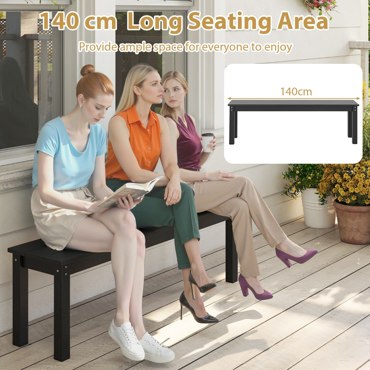LIVSK Weerbestendige Tuinbank - 3-zits - Robuust en Onderhoudsvriendelijk - Tot 340 kg - 140 x 35 x 45 cm - Zwart