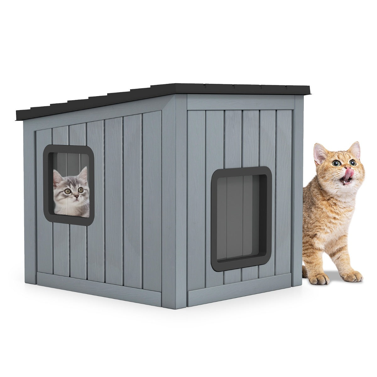LIVSK Kattenhuis - Weersbestendig PP - Schuin Dak - Dubbele PVC-deuren - Voor Binnen/Buiten - 62,5 x 54 x 56,5 cm - Grijs