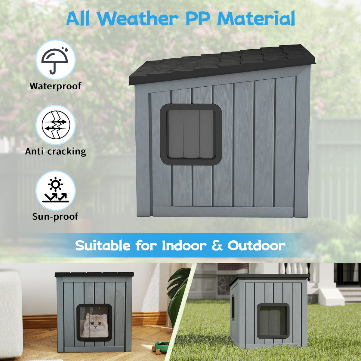 LIVSK Kattenhuis - Weersbestendig PP - Schuin Dak - Dubbele PVC-deuren - Voor Binnen/Buiten - 62,5 x 54 x 56,5 cm - Grijs