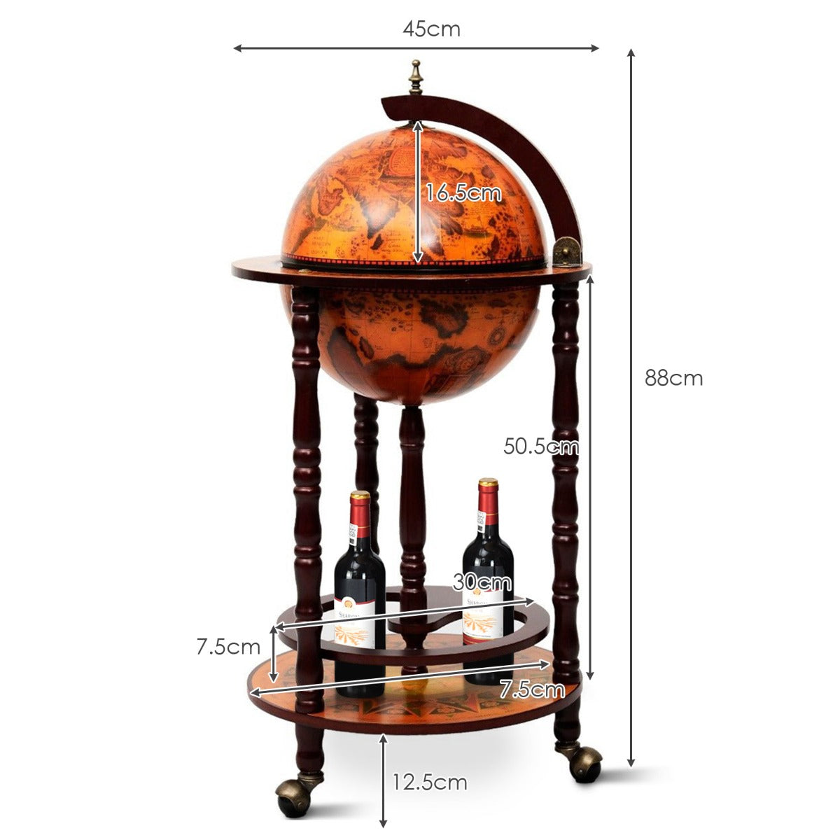 LIVSK Italiaans Wijnrek - Massief Hout met Handgeschilderde Fresco's - Met Wielen - Stijlvol en Praktisch - 45 x 45 x 88 cm -