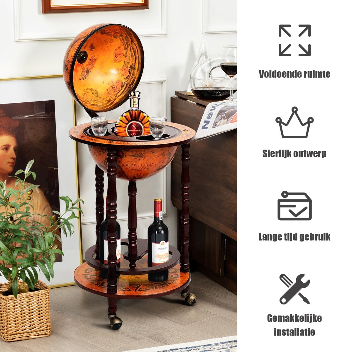 LIVSK Italiaans Wijnrek - Massief Hout met Handgeschilderde Fresco's - Met Wielen - Stijlvol en Praktisch - 45 x 45 x 88 cm -