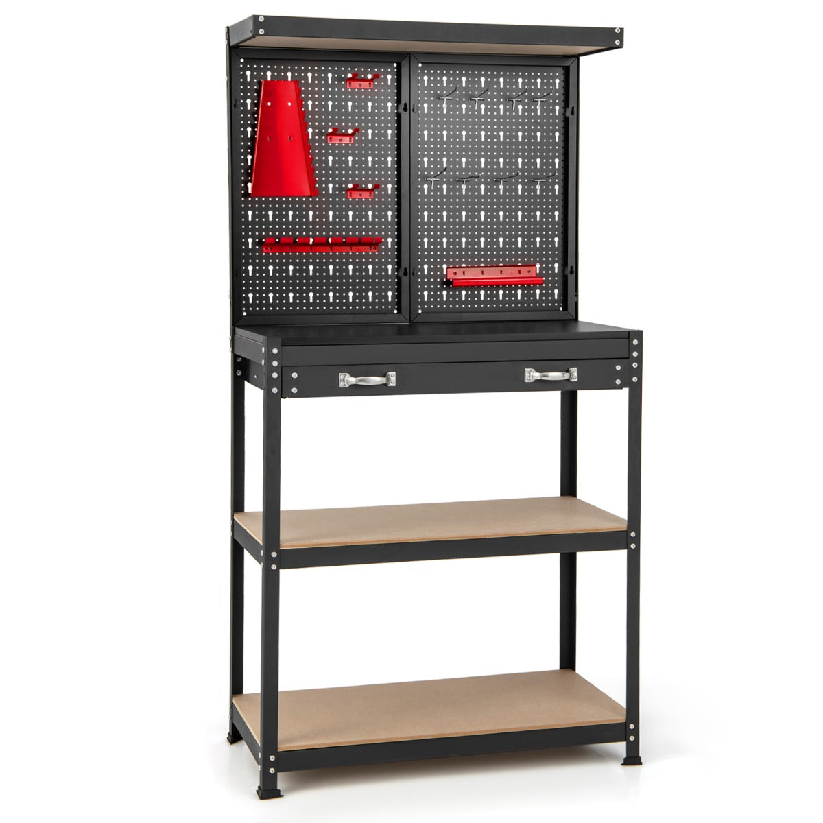 LIVSK Werkbank met Pegboard - Robuust Metaal - Ergonomisch Werkblad - Veelzijdige Opbergruimte - 81 x 41 x 155 cm - Zwart + Rood