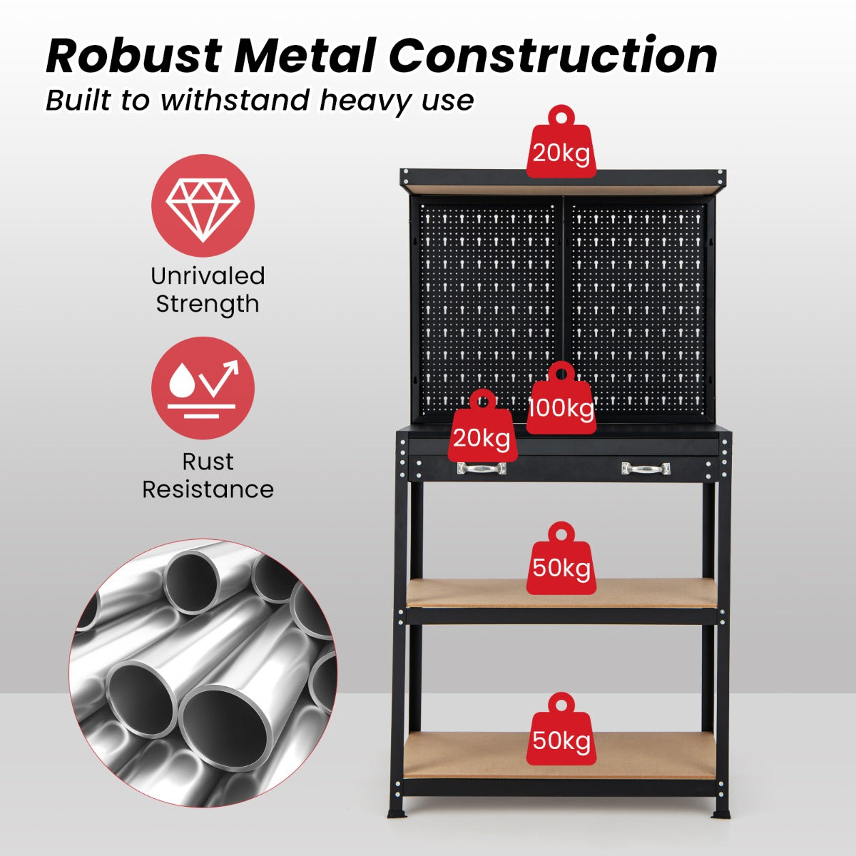 LIVSK Werkbank met Pegboard - Robuust Metaal - Ergonomisch Werkblad - Veelzijdige Opbergruimte - 81 x 41 x 155 cm - Zwart + Rood