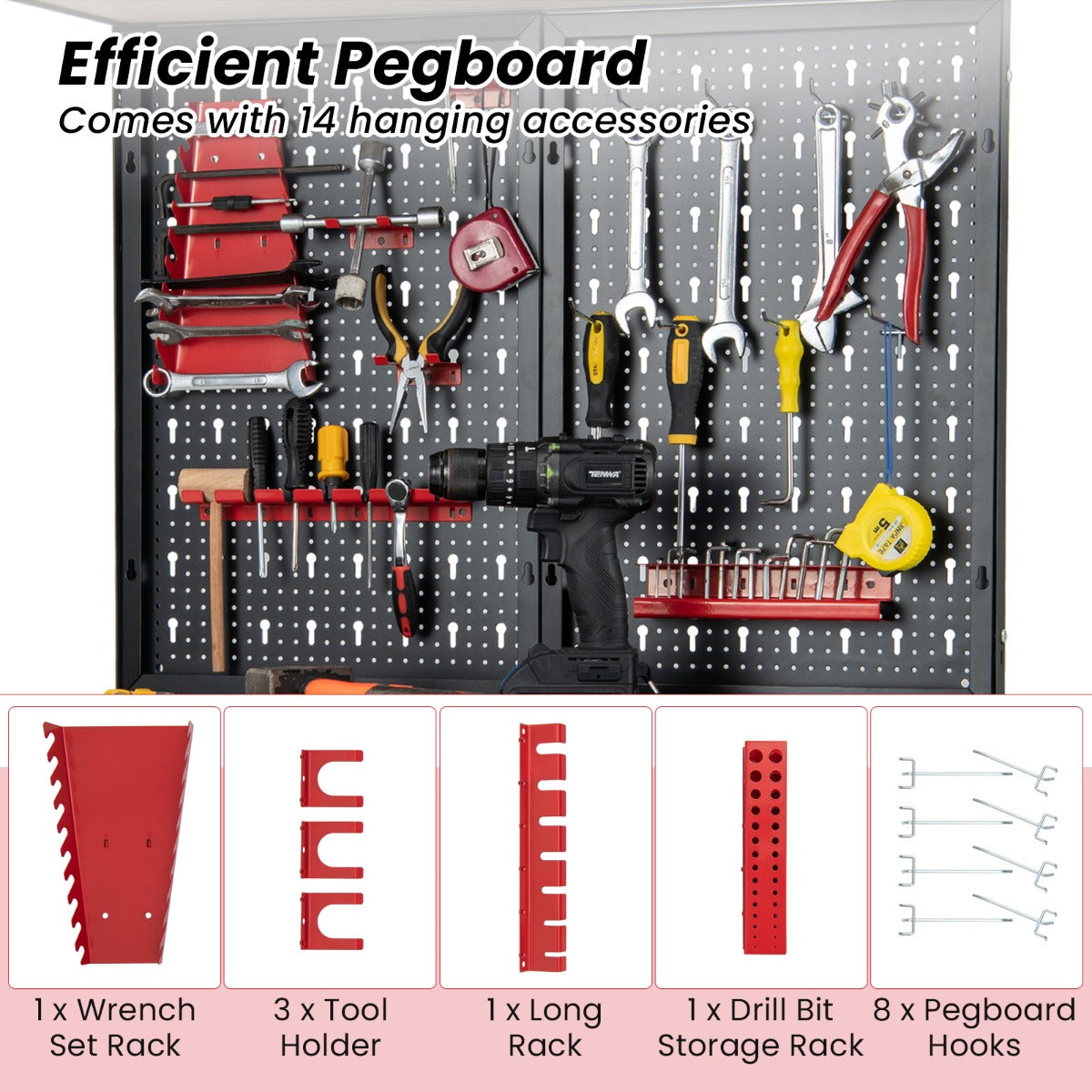 LIVSK Werkbank met Pegboard - Robuust Metaal - Ergonomisch Werkblad - Veelzijdige Opbergruimte - 81 x 41 x 155 cm - Zwart + Rood