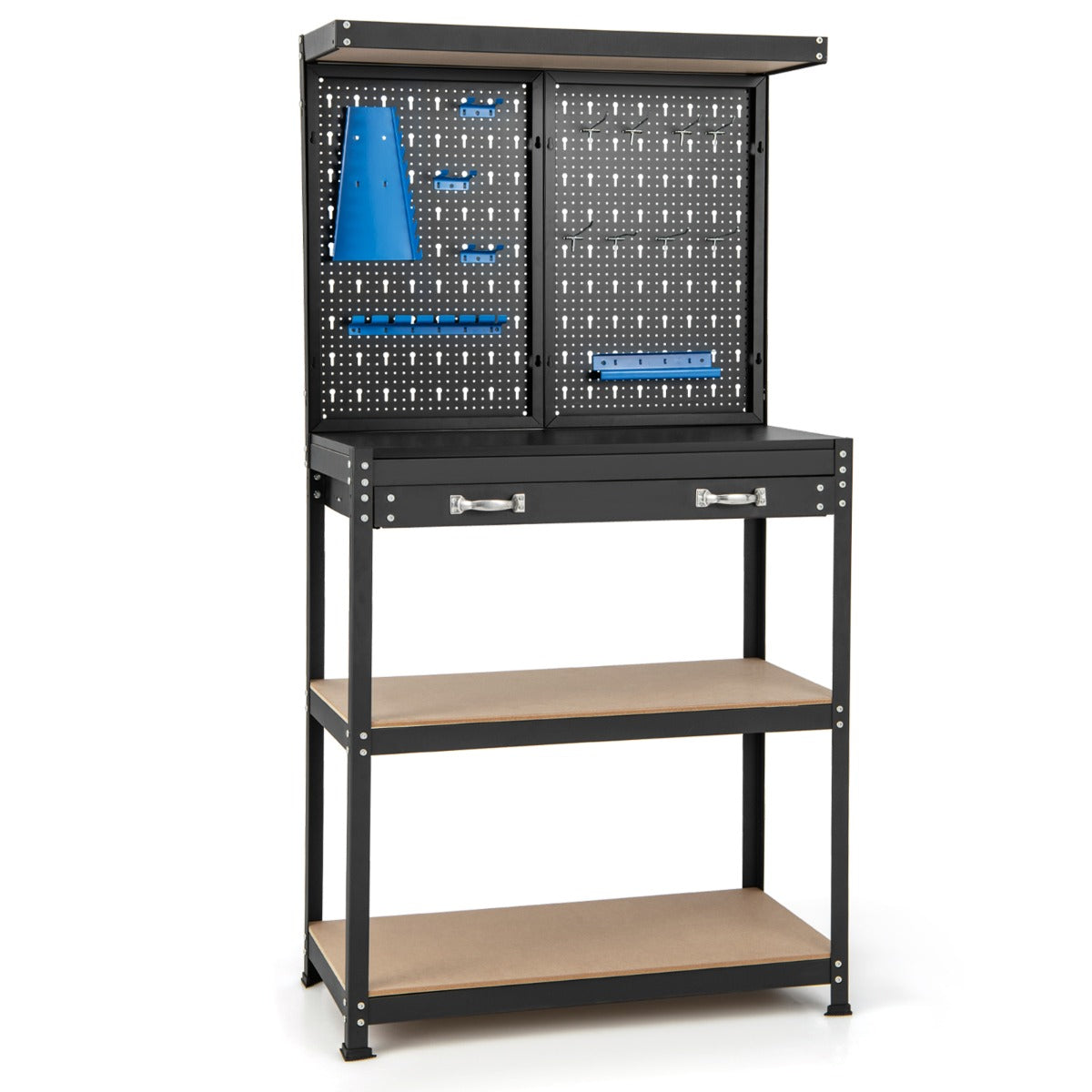 LIVSK Werkbank met Stekkerplaat - Roestbestendig Metaal - Ergonomisch Ontwerp - Opbergruimte voor Gereedschap - Zwart en Blauw