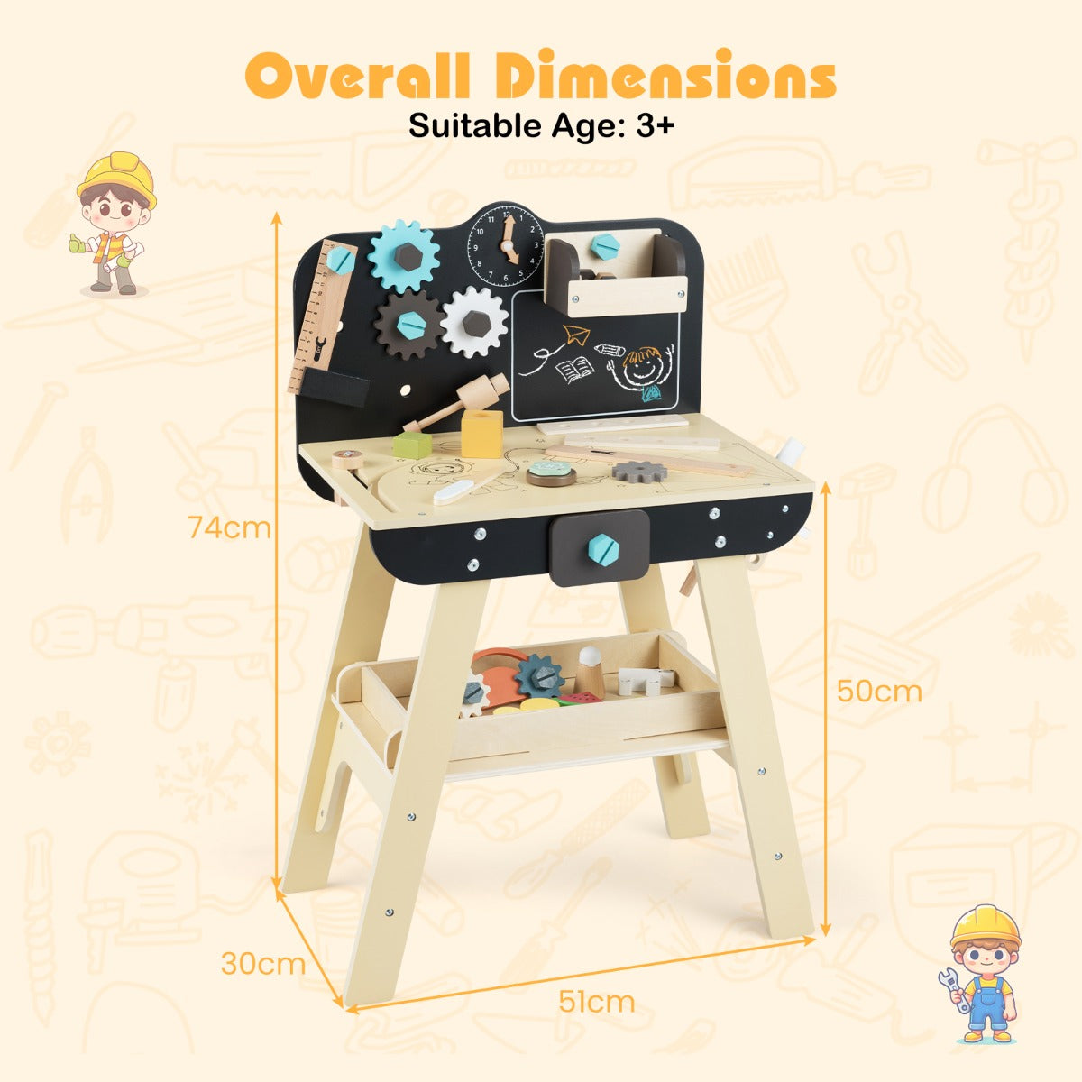 Livsk costway werkbank voor kinderen houten bouwatelier met speelgoedgereedschap accessoires opbergrekken schoolbord 2