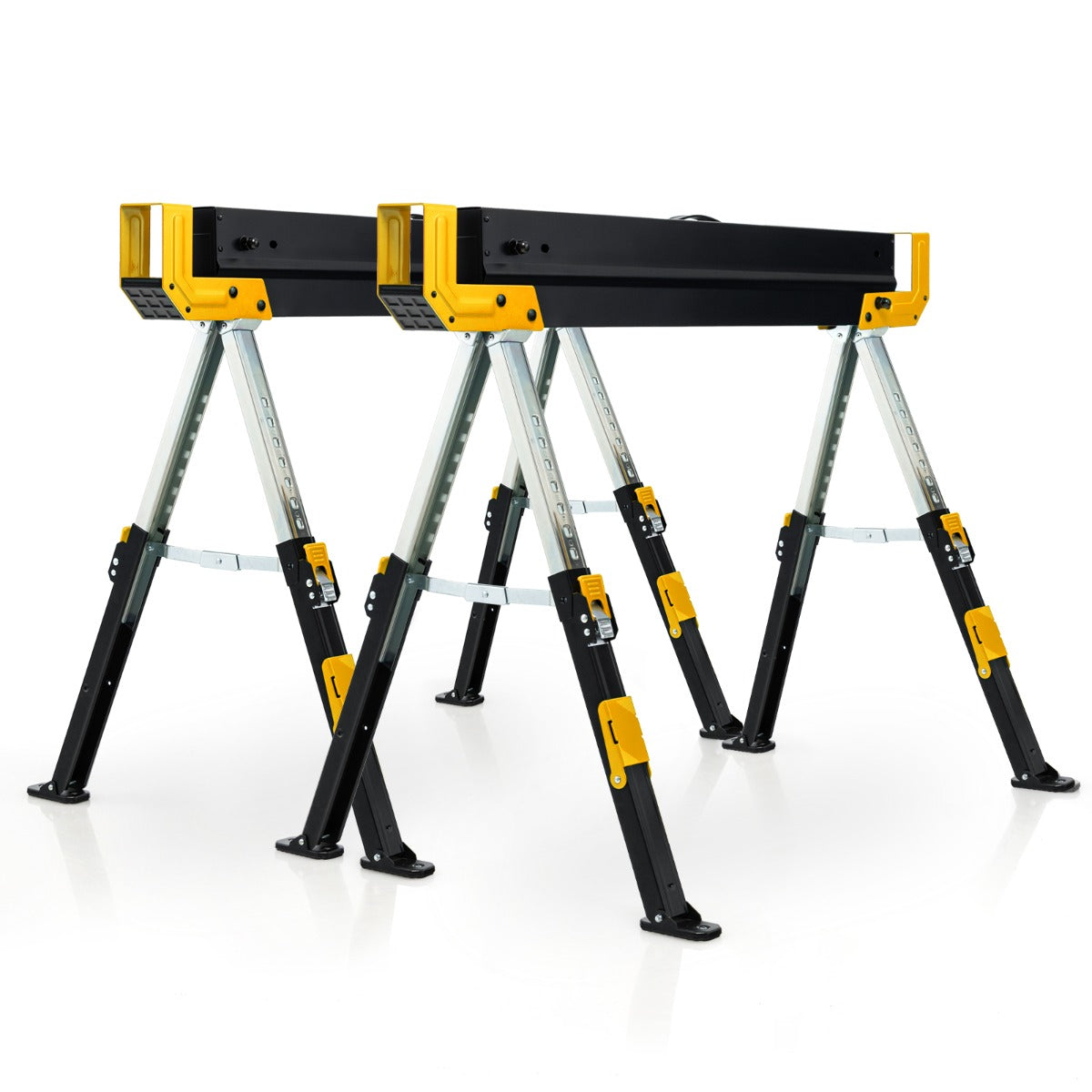 LIVSK Inklapbare Zaagbokken Set van 2 - Verstelbaar in 9 Hoogtes - Antislip - Draagbaar - Tot 1180 kg - Zwart/Geel