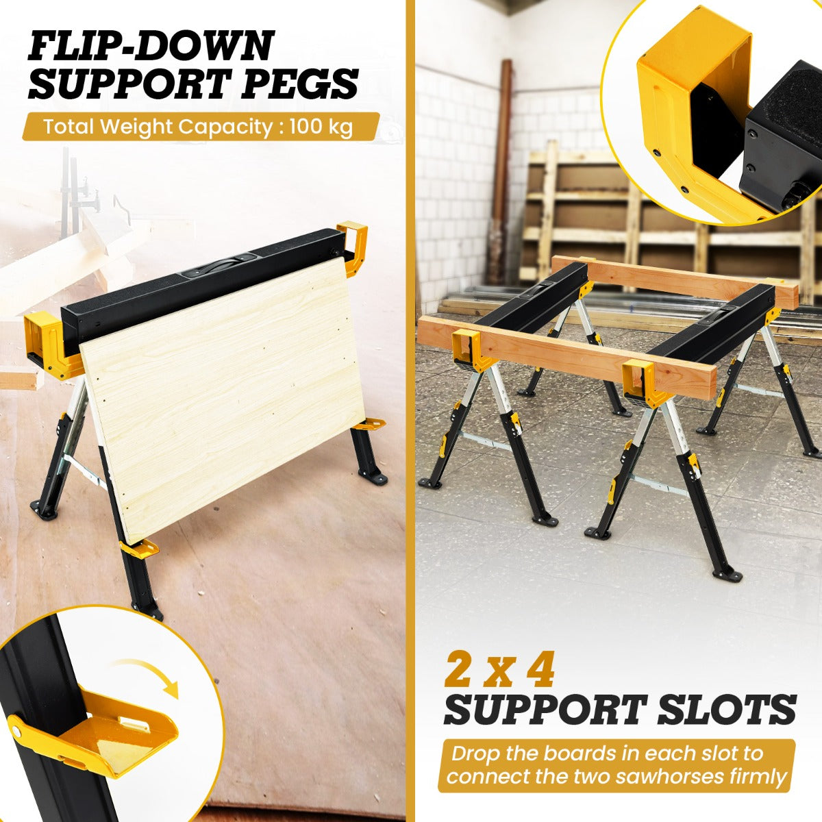 LIVSK Inklapbare Zaagbokken Set van 2 - Verstelbaar in 9 Hoogtes - Antislip - Draagbaar - Tot 1180 kg - Zwart/Geel