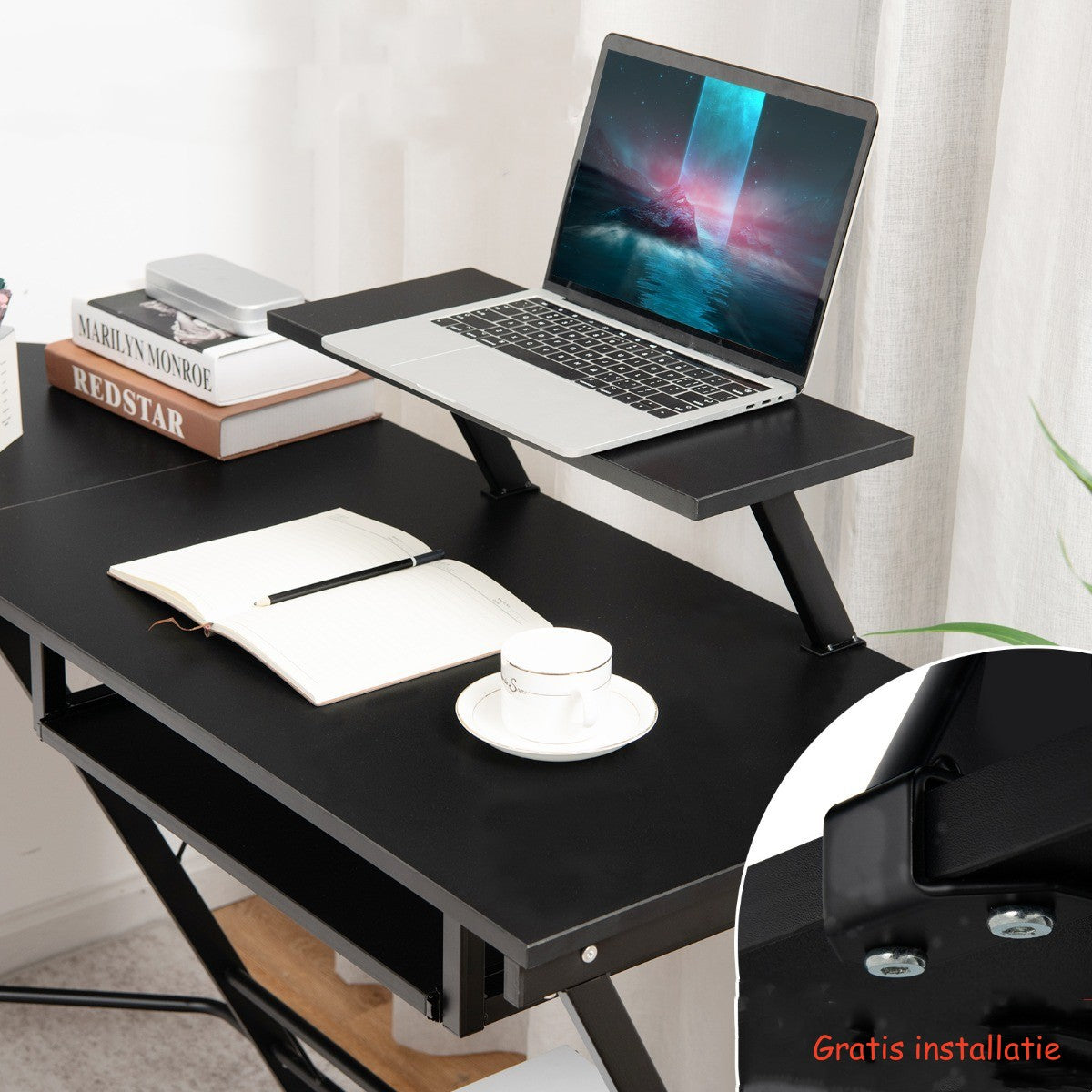 LIVSK L-vormig Computerbureau - Ruimtebesparend Hoekontwerp - Afneembare Monitorplank - Verstelbare Voetzolen - Zwart