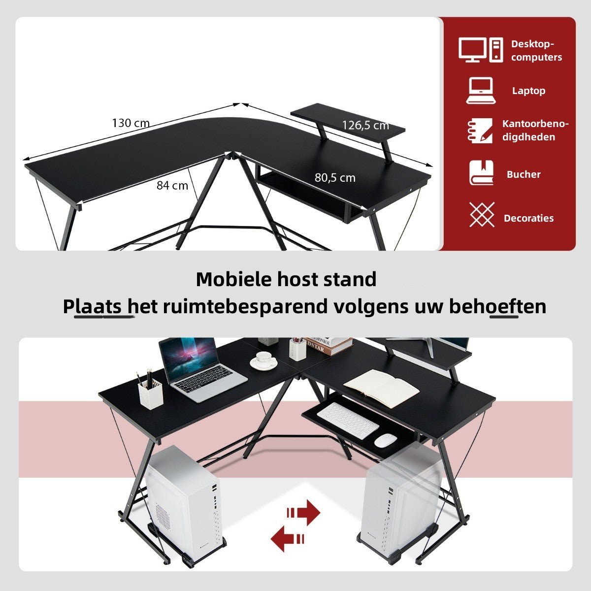 LIVSK L-vormig Computerbureau - Ruimtebesparend Hoekontwerp - Afneembare Monitorplank - Verstelbare Voetzolen - Zwart