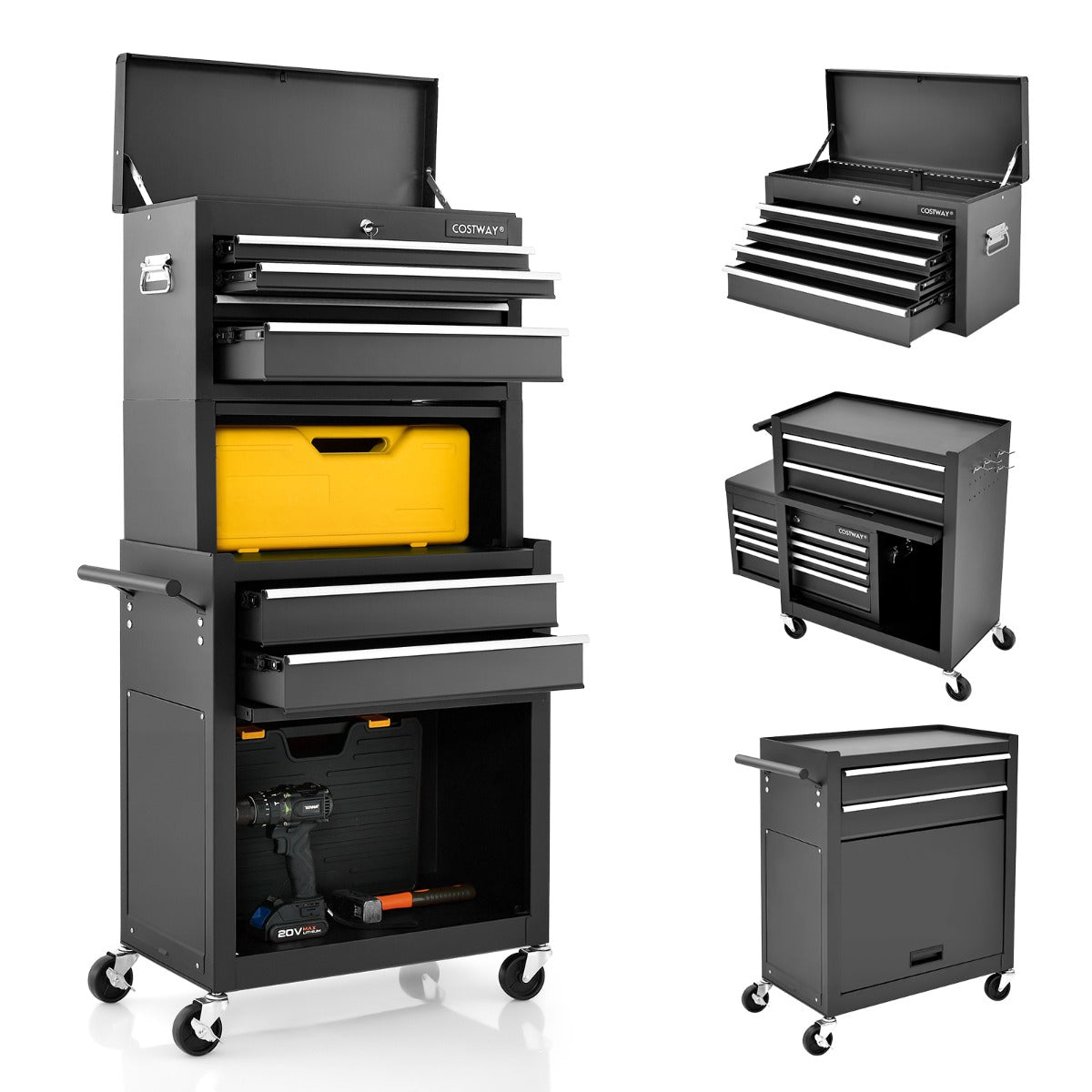 LIVSK Gereedschapskastcombinatie - Duurzaam Metaal - 4 Niveaus met Afsluitbare Laden - Mobiel met Wielen - 61,5 x 33 x 132 cm -