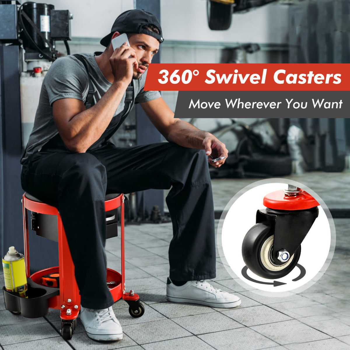 LIVSK Mechanische Rolstoel met 360-graden Zwenkwielen - Afneembaar Kussen - 2 Laden - Tot 150 kg - Zwart en Rood