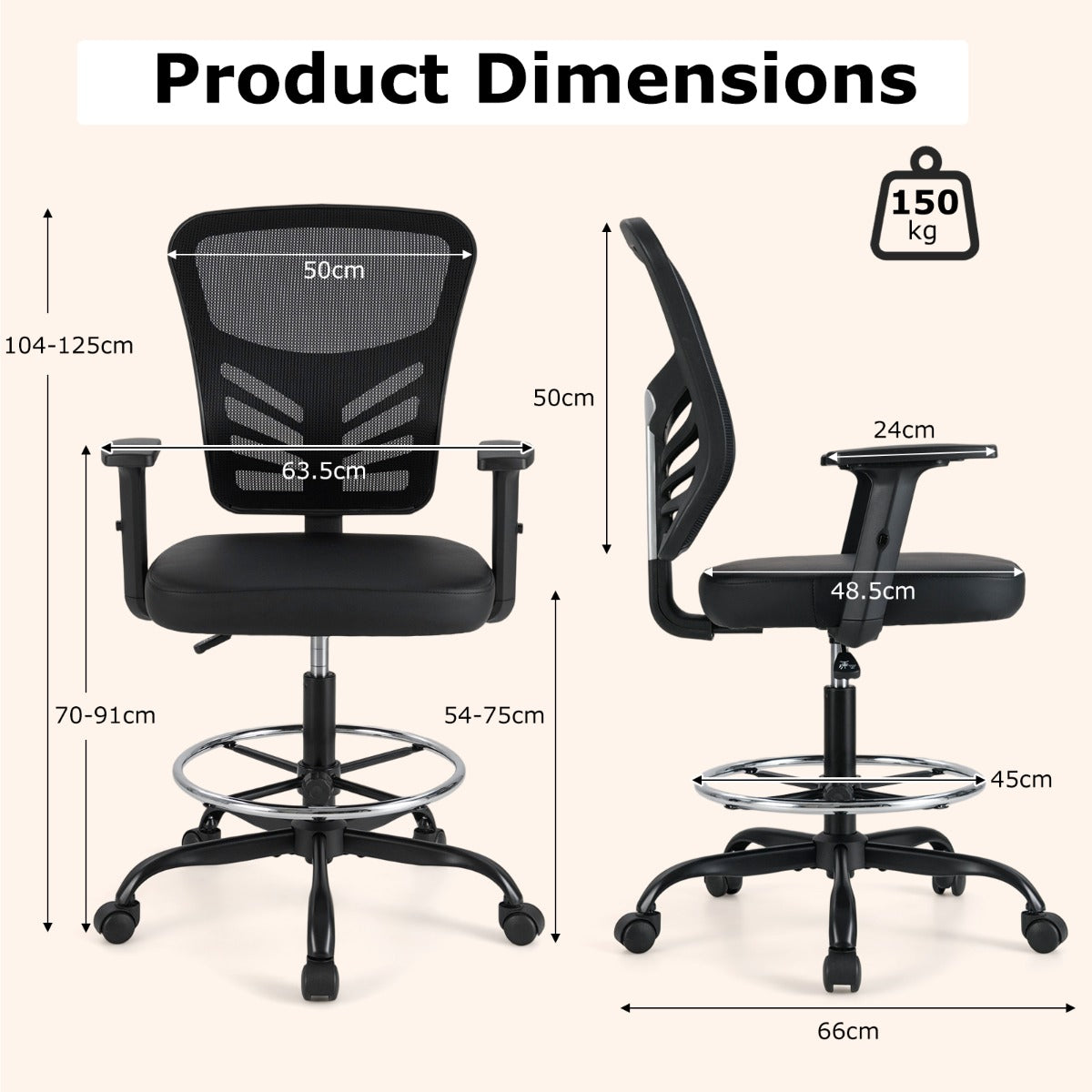 LIVSK Ergonomische Bureaustoel - Verstelbare Zithoogte 54-75 cm - S-vormige Rugleuning - Duurzaam Imitatieleer - Zwart