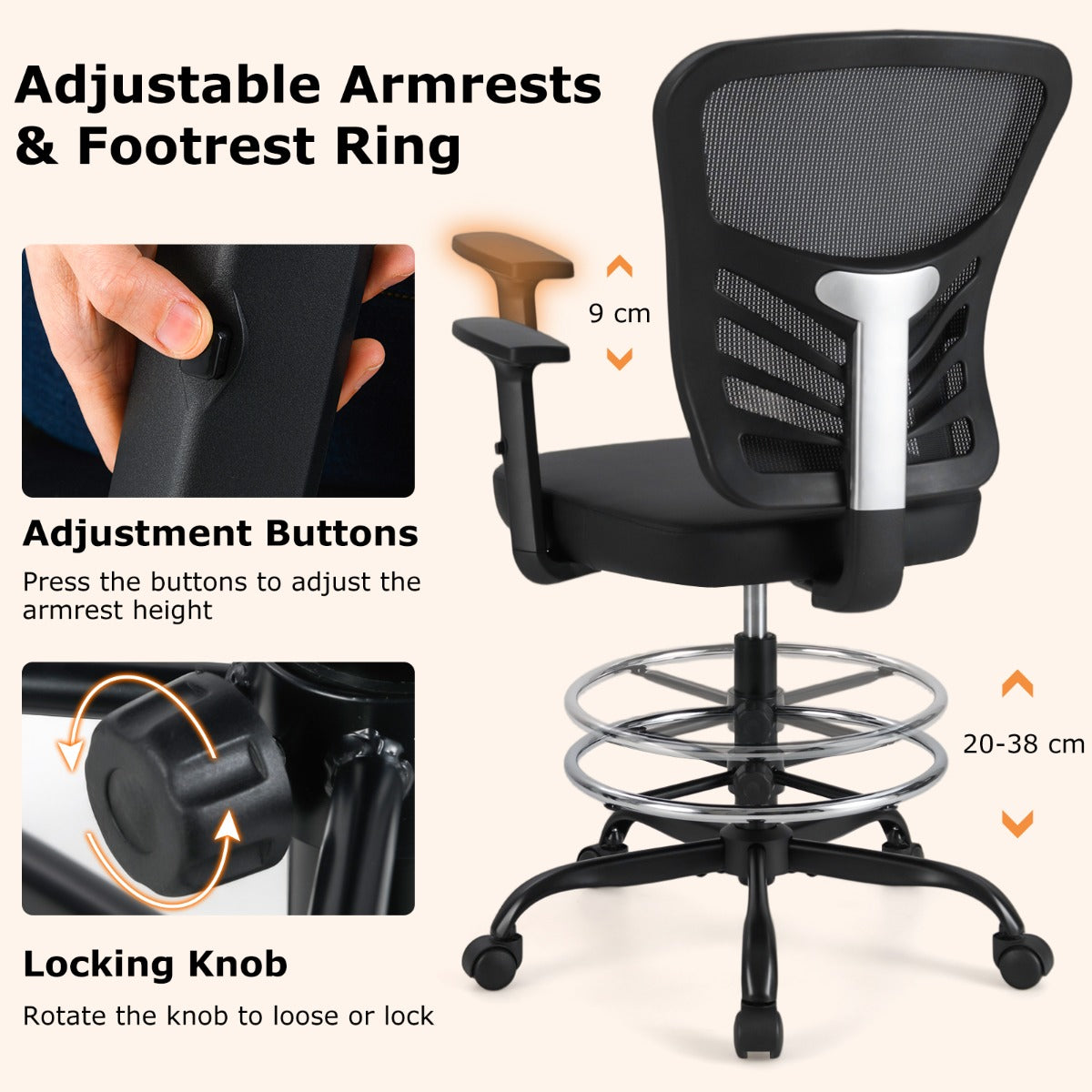 LIVSK Ergonomische Bureaustoel - Verstelbare Zithoogte 54-75 cm - S-vormige Rugleuning - Duurzaam Imitatieleer - Zwart