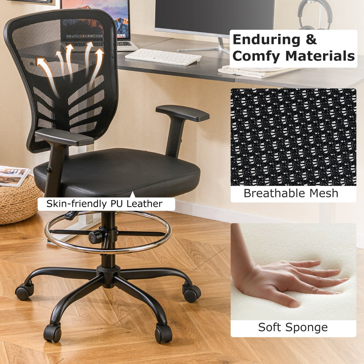 LIVSK Ergonomische Bureaustoel - Verstelbare Zithoogte 54-75 cm - S-vormige Rugleuning - Duurzaam Imitatieleer - Zwart