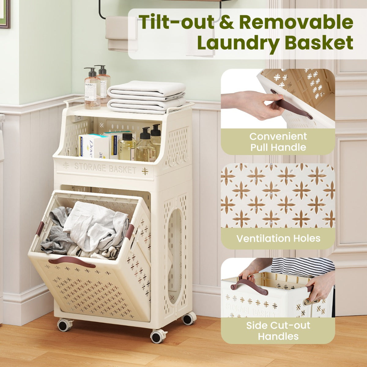 Livsk costway wielige wasmand opvouwbare plastic wasmand met meerdere lagen en bovenste plank opbergbak en haken 4