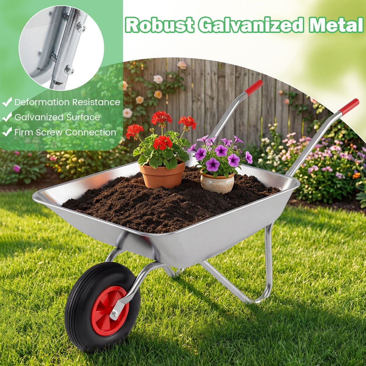 Livsk costway wielkar multifunctionele tuinkar met 2 handgrepen en grote rubberen band stevige metalen kiepwagen
