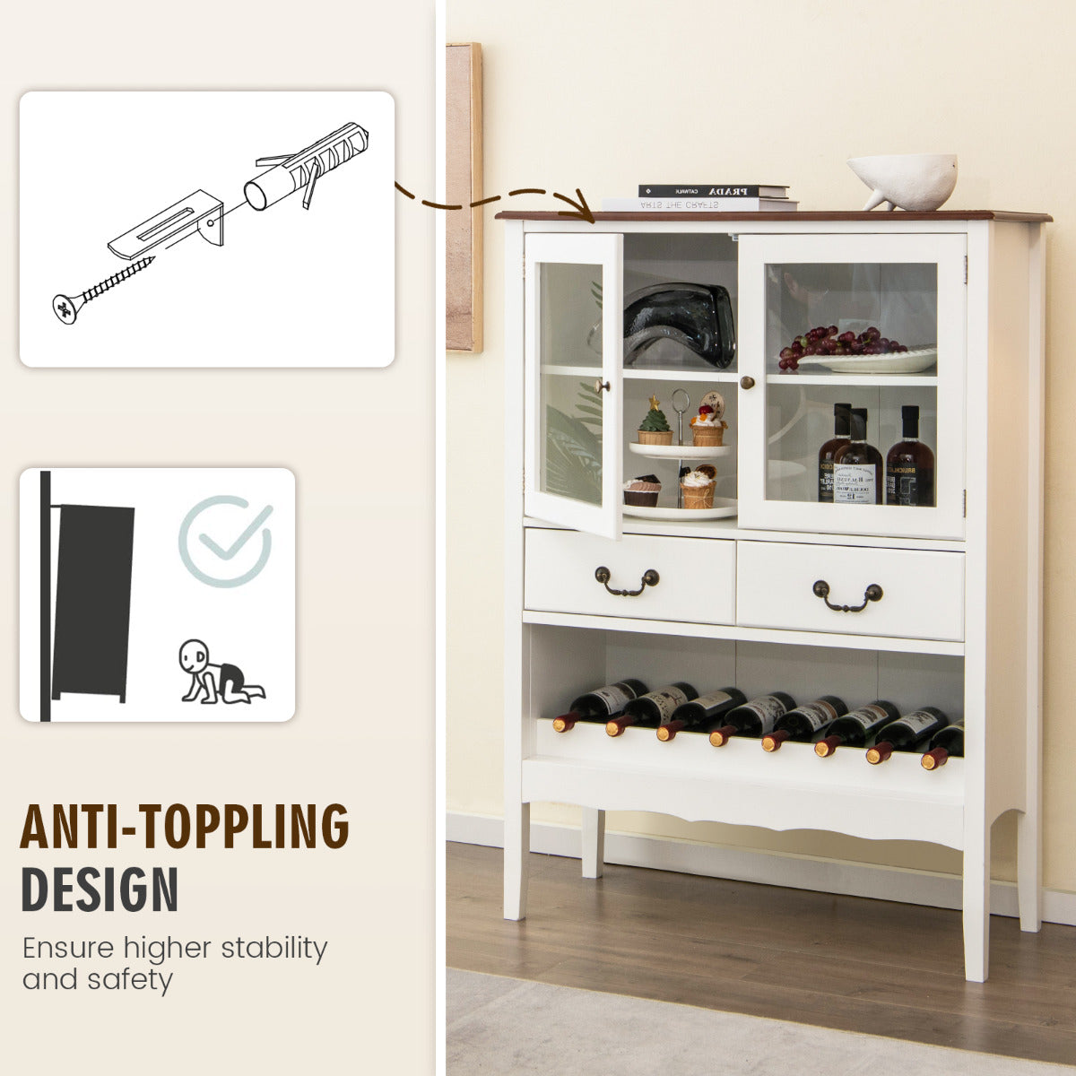 LIVSK Buffetkast Grenenhout - Ruime Kast met 2 Laden en Wijnrek - Verstelbare Plank - Eenvoudige Montage - Wit