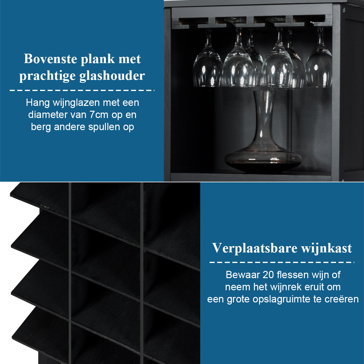 LIVSK Wijnkast Organisator - 20 Flessen - 5-laags Wijnrek met Glashouders - Duurzaam Houten Frame - 42 x 24,5 x 96 cm - Zwart