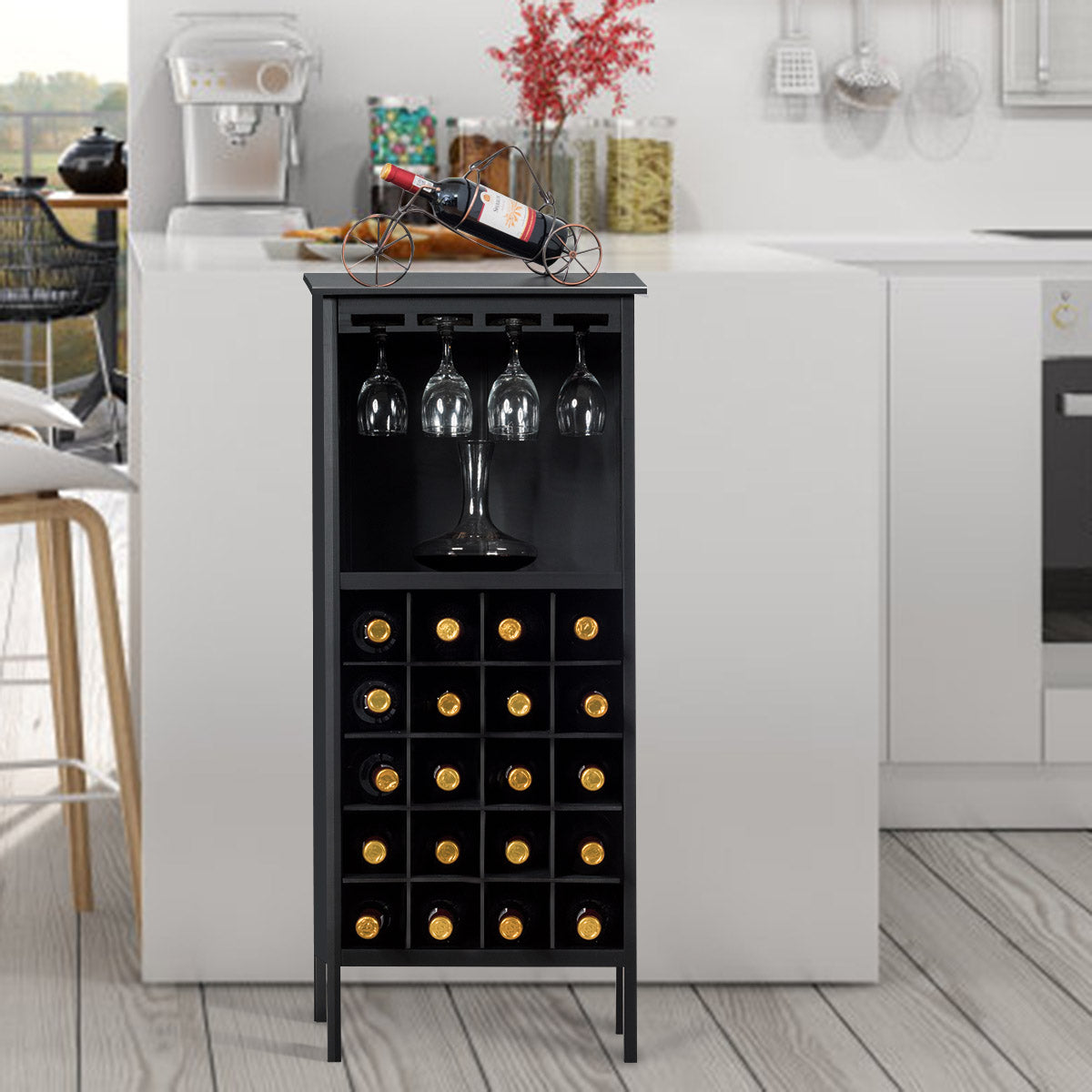 LIVSK Wijnkast Organisator - 20 Flessen - 5-laags Wijnrek met Glashouders - Duurzaam Houten Frame - 42 x 24,5 x 96 cm - Zwart